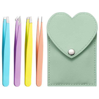 4 vnt Antakių profesionalus pincetas plaukelių šalinimo segtukas nerūdijančio plieno smaigalys įstrižas makiažo žnyplės su odiniu dėklu