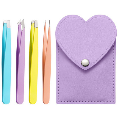 4 vnt Antakių profesionalus pincetas plaukelių šalinimo segtukas nerūdijančio plieno smaigalys įstrižas makiažo žnyplės su odiniu dėklu