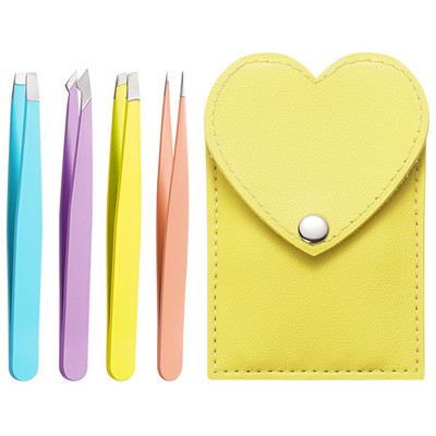 4 vnt Antakių profesionalus pincetas plaukelių šalinimo segtukas nerūdijančio plieno smaigalys įstrižas makiažo žnyplės su odiniu dėklu