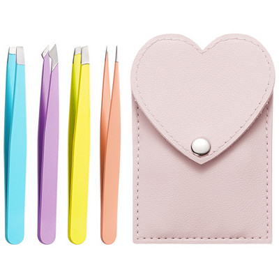 4 vnt Antakių profesionalus pincetas plaukelių šalinimo segtukas nerūdijančio plieno smaigalys įstrižas makiažo žnyplės su odiniu dėklu