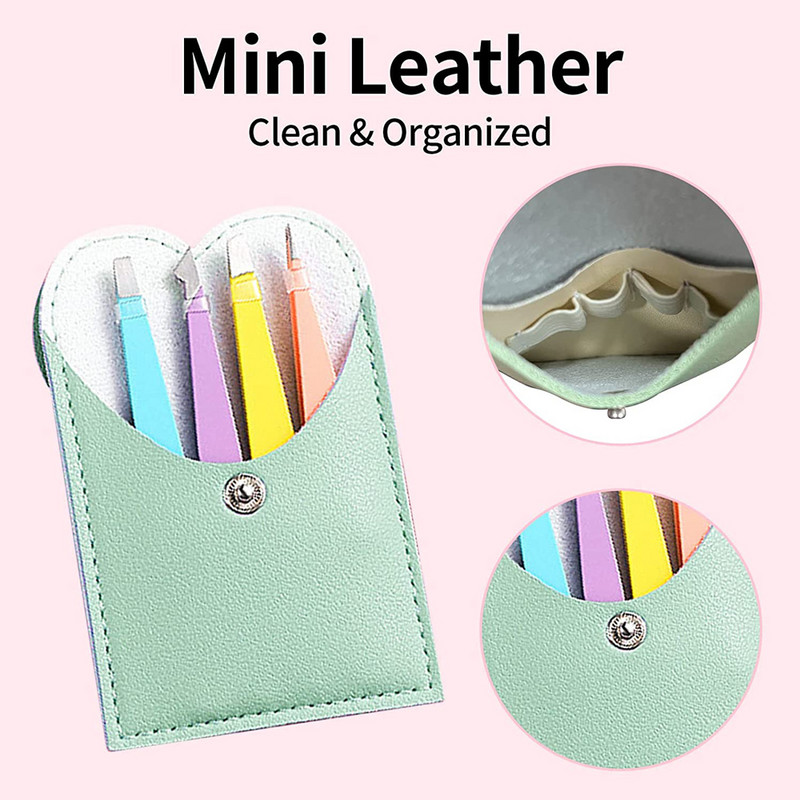 4 vnt Antakių profesionalus pincetas plaukelių šalinimo segtukas nerūdijančio plieno smaigalys įstrižas makiažo žnyplės su odiniu dėklu