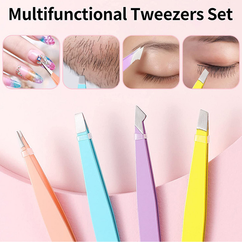 4 vnt Antakių profesionalus pincetas plaukelių šalinimo segtukas nerūdijančio plieno smaigalys įstrižas makiažo žnyplės su odiniu dėklu