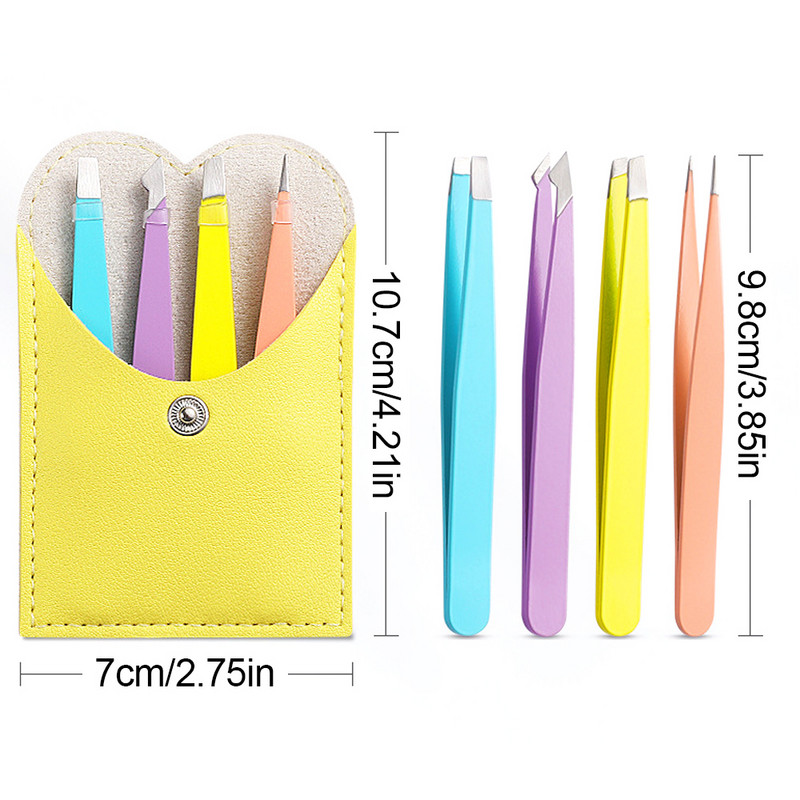 4 vnt Antakių profesionalus pincetas plaukelių šalinimo segtukas nerūdijančio plieno smaigalys įstrižas makiažo žnyplės su odiniu dėklu