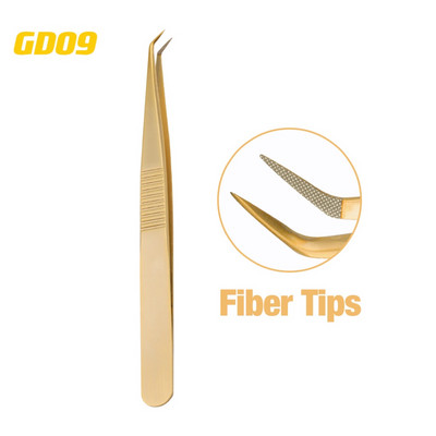 Pensetă pentru extensie de gene, 1 buc, cu vârfuri din fibre, din oțel inoxidabil auriu, pensetă de înaltă precizie pentru fanii de volum Instrumente de machiaj