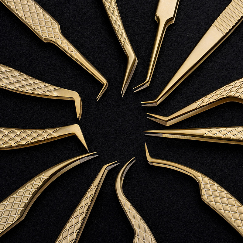 Pensetă pentru extensie de gene, 1 buc, cu vârfuri din fibre, din oțel inoxidabil auriu, pensetă de înaltă precizie pentru fanii de volum Instrumente de machiaj