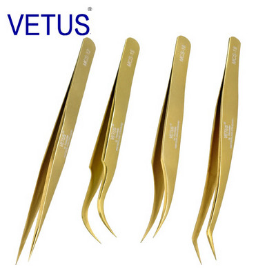 4 бр. / комплект Vetus MCS Series Gold Premium Beauty Makeup Tweezers for Eyelashes Extension Ultra Fine Tip Pinzas