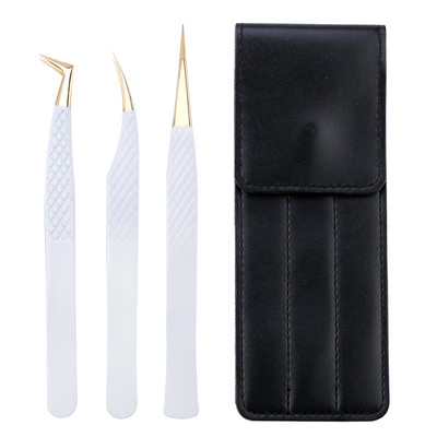 Set de pensete pentru extensie de gene de 3 buc, cu sac, din oțel inoxidabil, cu volum 3D precis, pentru gene, pensete pentru sprâncene, instrumente de machiaj, accesorii