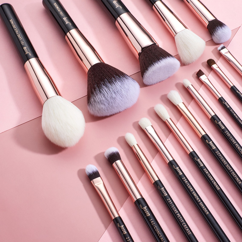 Set de pensule pentru machiaj Jessup, tampon pentru fond de ten, perie pentru amestecarea fardului de pleoape, pudră, truse de instrumente pentru machiaj, 15 buc. truse cosmetice pentru păr de capră