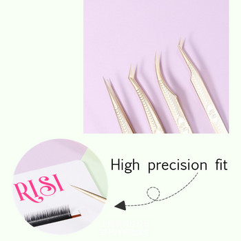RISI Gold Precision Професионални пинсети за мигли Антистатични неръждаеми извити прави пинсети за удължаване на мигли
