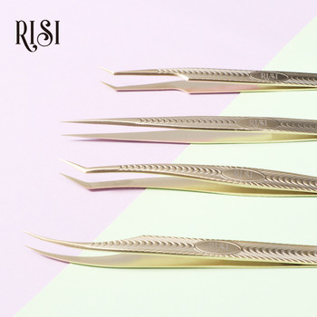 RISI Gold Precision Professional Eyelash Tweezers Αντιστατικό ανοξείδωτο κυρτό ίσιο τσιμπιδάκι για επέκταση βλεφαρίδων