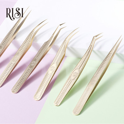 RISI Gold Precision Professional Eyelash Tweezers Antistatic Stainless Curved Straight Tweezers For Eyelashes Extension