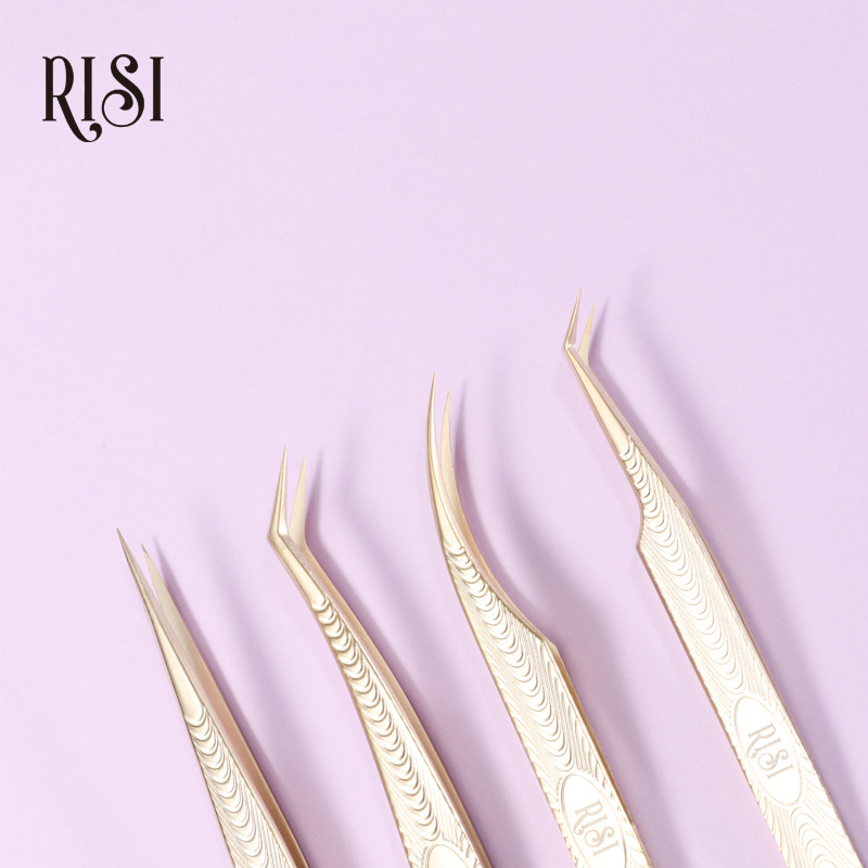 RISI Gold Precision Professional blakstienų pincetas Antistatinis nerūdijantis išlenktas tiesus pincetas blakstienų priauginimui