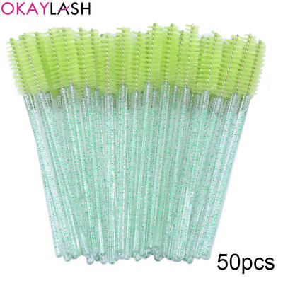 OKAYLASH 50Gb Vienreizējās lietošanas Micro Glitter Skropstu tušas Wands Mini Crystal Eye Lashes Brush Brush Comb Pink White Spoolies