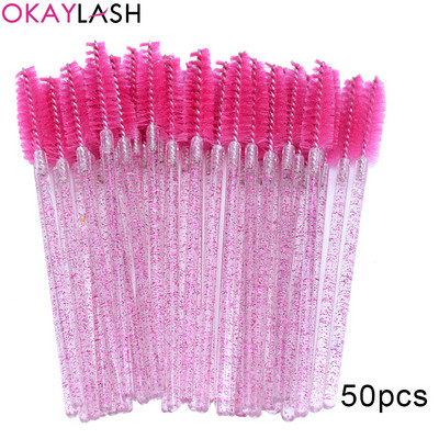 OKAYLASH 50Gb Vienreizējās lietošanas Micro Glitter Skropstu tušas Wands Mini Crystal Eye Lashes Brush Brush Comb Pink White Spoolies