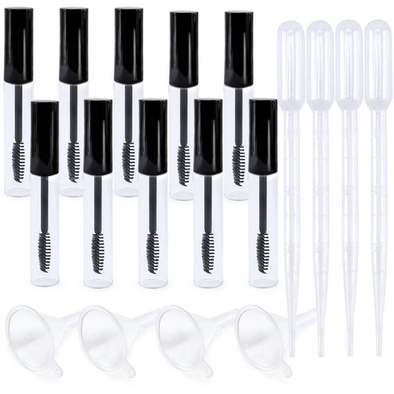 5 vnt Makiažo blakstienų tušo šepetėliai su Case Tube blakstienų kremu, pakartotinai užpildomi buteliukai, 10 ml, 2 vnt. piltuvėliai, 2 vnt.