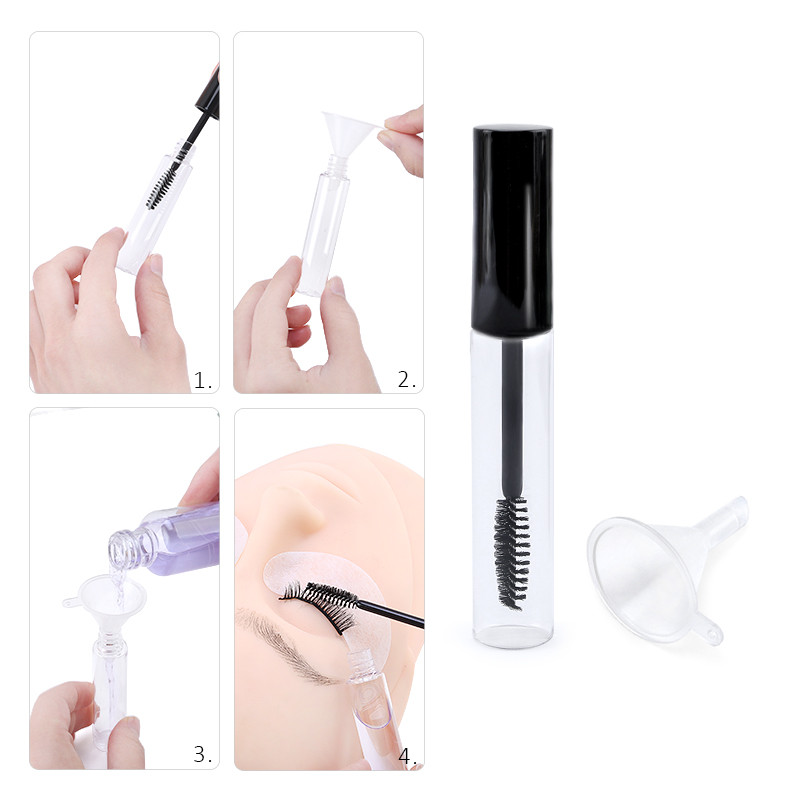 5 vnt Makiažo blakstienų tušo šepetėliai su Case Tube blakstienų kremu, pakartotinai užpildomi buteliukai, 10 ml, 2 vnt. piltuvėliai, 2 vnt.