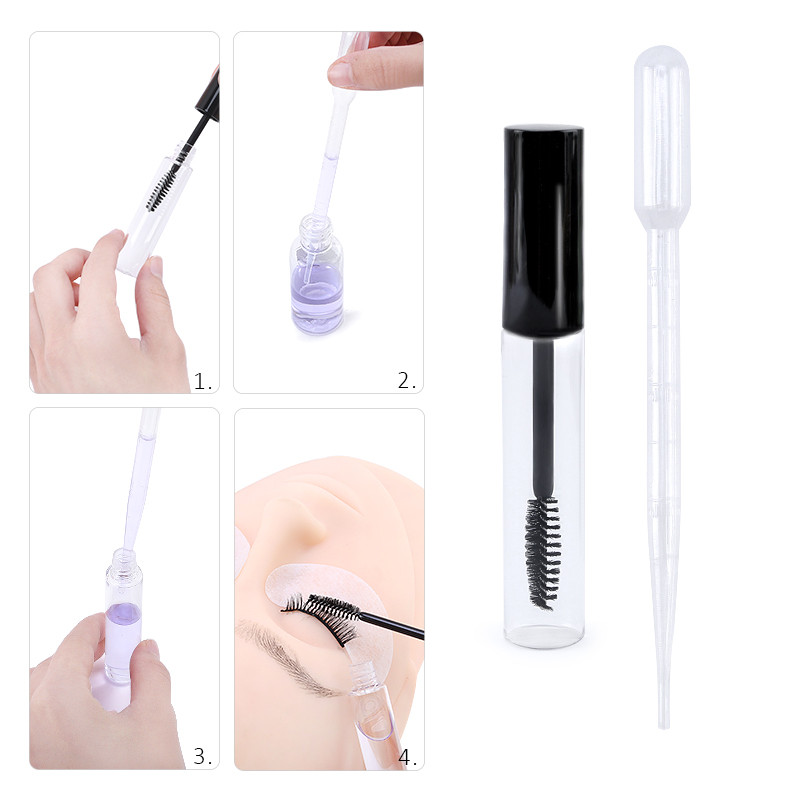 5 vnt Makiažo blakstienų tušo šepetėliai su Case Tube blakstienų kremu, pakartotinai užpildomi buteliukai, 10 ml, 2 vnt. piltuvėliai, 2 vnt.