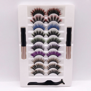 10 ζεύγη Magnetic Eyelashes Kit Color Extensions Lash με 2 μπουκάλια αδιάβροχο eyeliner και 1 τσιμπιδάκι βλεφαρίδων μεγάλης διάρκειας