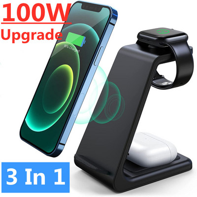 100 W 3 az 1-ben vezeték nélküli töltőállvány Gyorstöltő dokkolóállomás iPhone 14 13 12 11 X 8 Apple Watch 8 7 6 iWatch Airpods Pro készülékhez