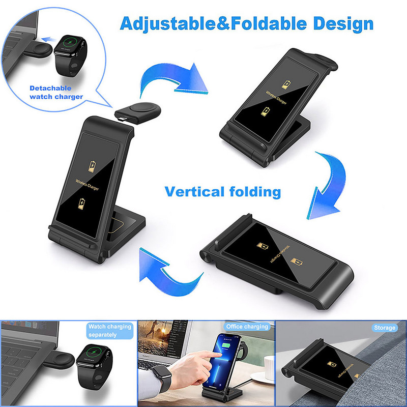 15W bežični punjač 3 u 1 sklopivi stalak za iPhone 14 13 12 11 XS XR X 8 Apple Watch Airpods Pro brzo punjenje za iWatch 7 6