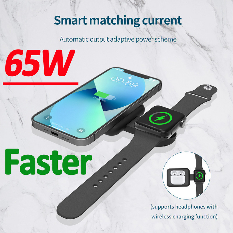 2 viename 65 W belaidžio įkroviklio sulankstomas stovas, greito įkrovimo stovas, skirtas iPhone 14 13 12 iWatch Airpods Samsung S22 S21 Qucik Charge