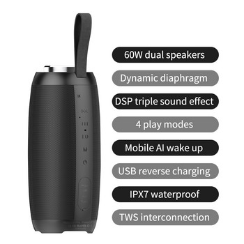 60W преносим супер субуфер преносим високоговорител домашен външен плат водоустойчива колона Bluetooth високоговорител звукова кутия за каране FM радио