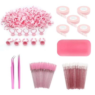 Veyes Inc 208PCS Pink Series Комплект аксесоари Veyelash Пинцети за удължаване на мигли Блестящи четки Лепило Пръстени Чаши Четка за устни