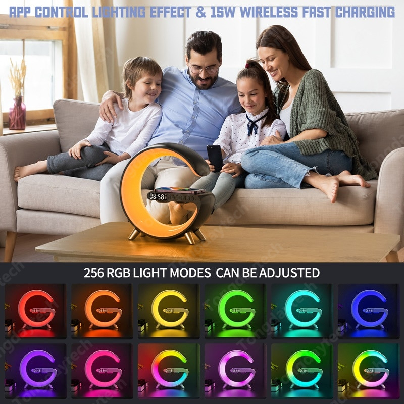 Ceas cu alarmă Încărcător fără fir APP Control RGB Night Light Atmosferă Sleep Aid Lampă Difuzor Stație de încărcare pentru Iphone Samsung