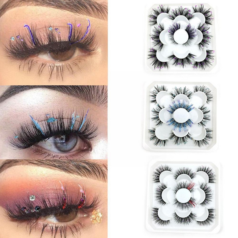 5 perechi de gene false colorate roz violet pufoase gene false de nurcă volum 3d pentru machiaj costum natural -ochi ochi fals Las X5t2