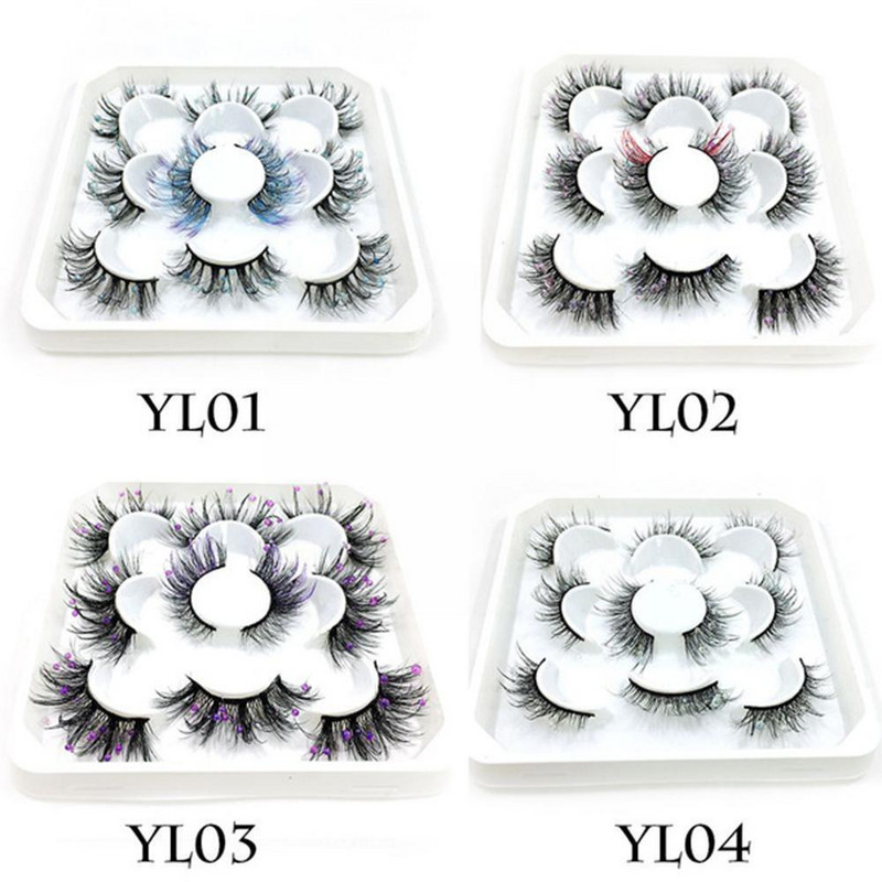 5 perechi de gene false colorate roz violet pufoase gene false de nurcă volum 3d pentru machiaj costum natural -ochi ochi fals Las X5t2