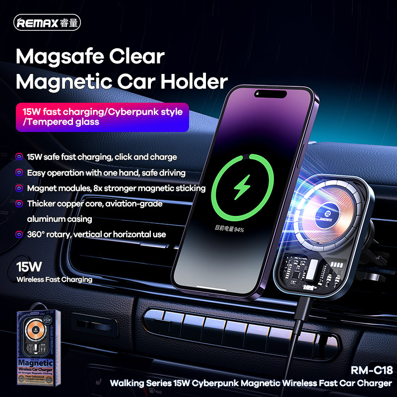 Încărcător de mașină fără fir magnetic Remax 15W Încărcare rapidă Suport pentru telefon din sticlă securizată Rotativ 360° pentru telefoane mobile iPhone
