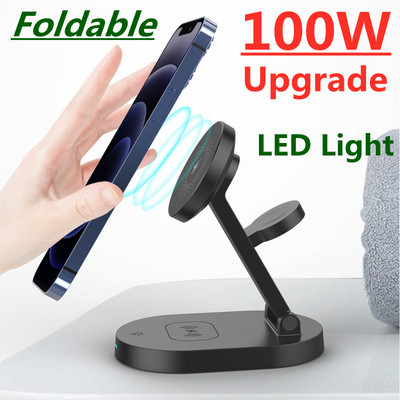 100 W 3 vienā magnētiskais bezvadu lādētāja statīvs priekš Macsafe iPhone 12 13 14 Mini Pro Max Apple Watch Airpods ātrās uzlādes stacijas