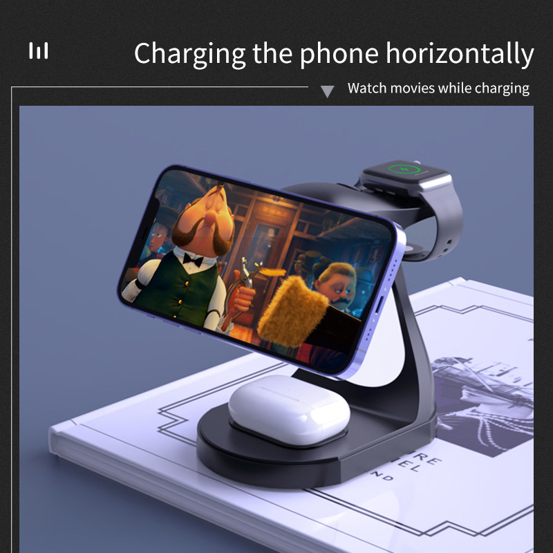 100 W 3 viename magnetinio belaidžio įkroviklio stovas, skirtas iPhone 14 13 12 Pro Max Apple Watch Airpods indukcinio greito įkrovimo doko stočiai