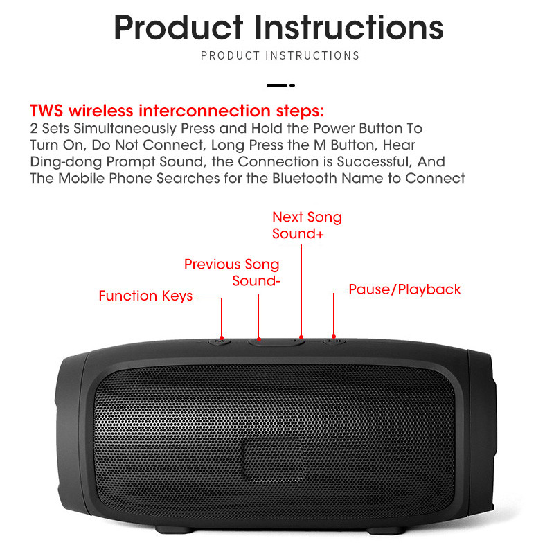 Nešiojamas garsiakalbis belaidis su Bluetooth suderinamas žemųjų dažnių garsiakalbis lauko vandeniui atsparus garsiakalbis stereo erdvinio garso palaikymas FM TF