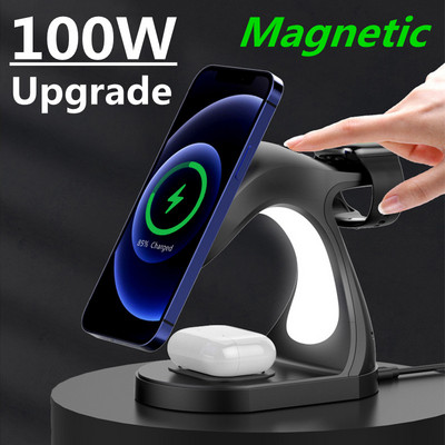 100 W 4 az 1-ben mágneses vezeték nélküli töltőállvány iPhone 14 13 12 Pro Max Apple Watch Airpods gyorstöltő dokkolóállomáshoz Macsafe