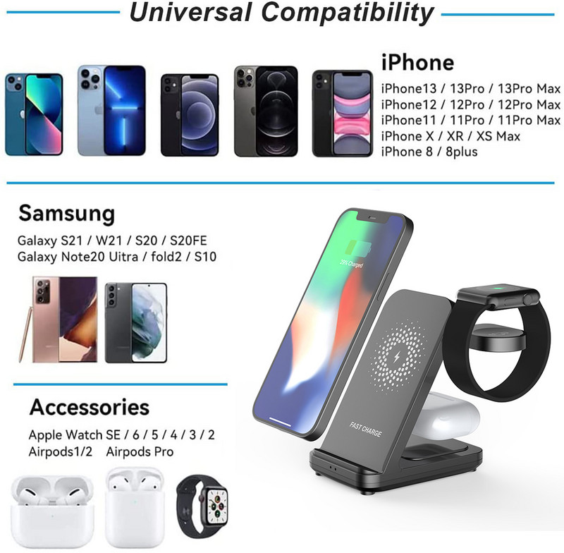 3 U 1 stalak za bežični punjač za Samsung S21/S20 30W Dock Station za brzo punjenje za Samsung Galaxy Watch 4 Active 2/1