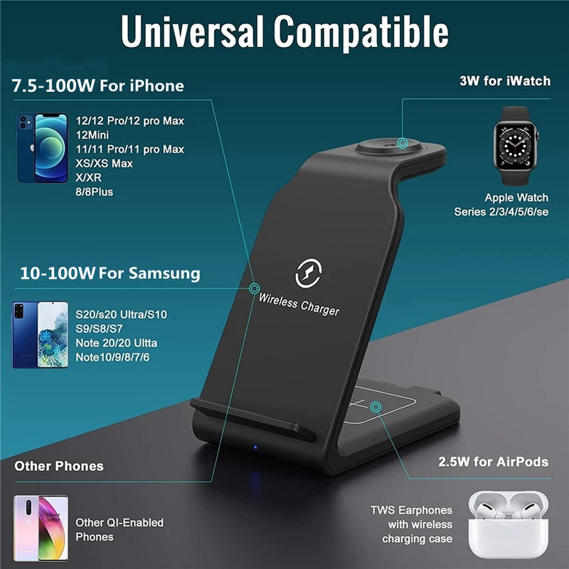 100W 3 u 1 stalak za bežični punjač za Apple Watch 8 7 AirPods iPhone 14 13 12 11 XS XR Indukcijska stanica za brzo punjenje