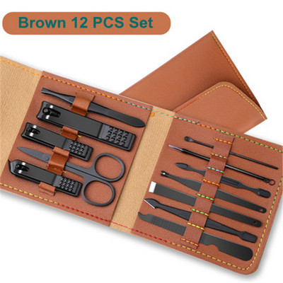 12-16 bucăți set de tăietor de unghii maro mașini de tăiat unghii din oțel inoxidabil cu pungă pliabilă Seturi de tăiat manichiură foarfece instrument de frumusețe pentru machiaj