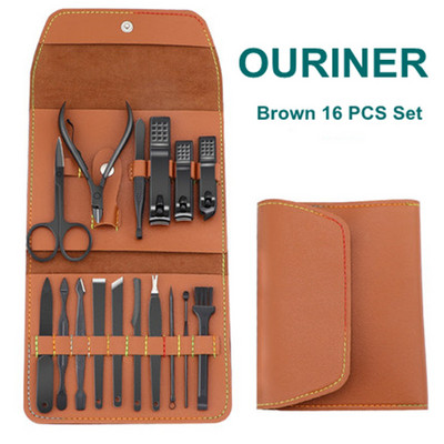 12-16 bucăți set de tăietor de unghii maro mașini de tăiat unghii din oțel inoxidabil cu pungă pliabilă Seturi de tăiat manichiură foarfece instrument de frumusețe pentru machiaj