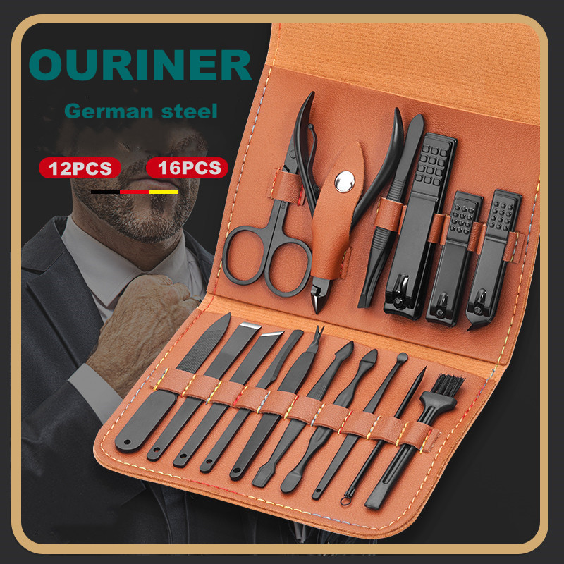 12-16 bucăți set de tăietor de unghii maro mașini de tăiat unghii din oțel inoxidabil cu pungă pliabilă Seturi de tăiat manichiură foarfece instrument de frumusețe pentru machiaj