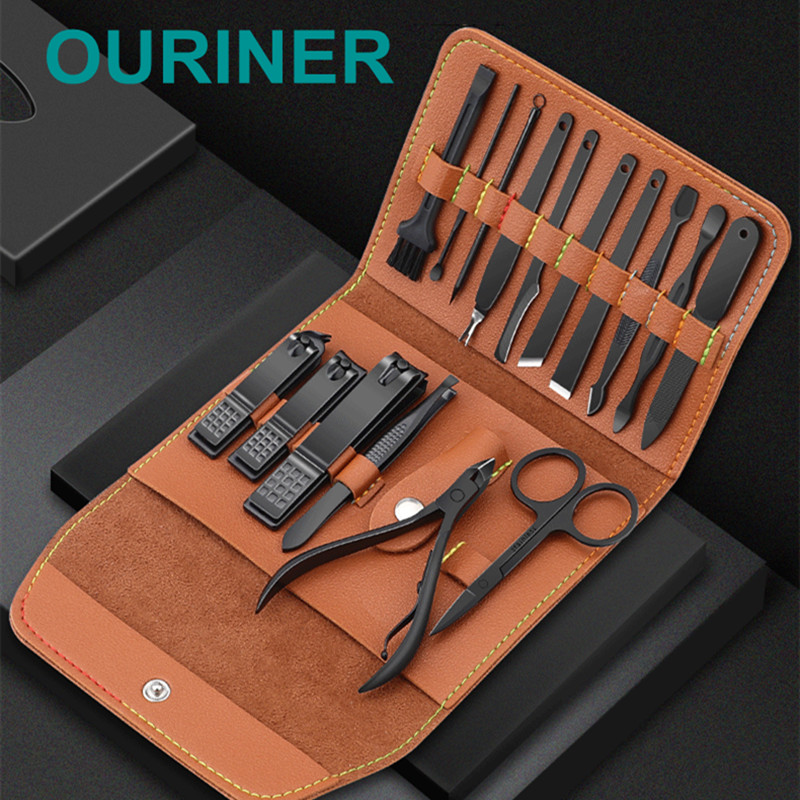 12-16 bucăți set de tăietor de unghii maro mașini de tăiat unghii din oțel inoxidabil cu pungă pliabilă Seturi de tăiat manichiură foarfece instrument de frumusețe pentru machiaj