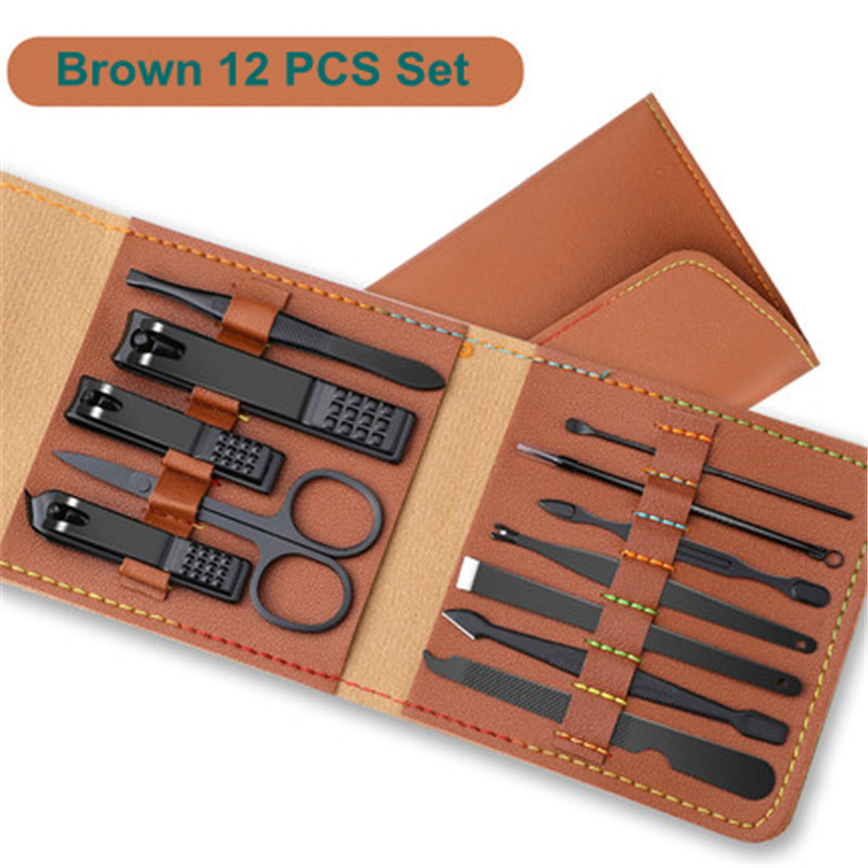 12-16 bucăți set de tăietor de unghii maro mașini de tăiat unghii din oțel inoxidabil cu pungă pliabilă Seturi de tăiat manichiură foarfece instrument de frumusețe pentru machiaj