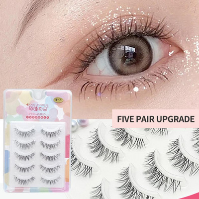 5 perechi de gene false din fibră chimică, gene false ascuțite, tijă transparentă, gene de machiaj în cruce naturală