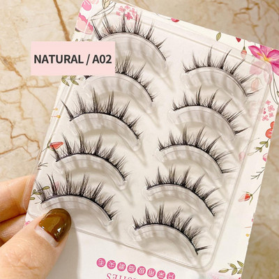 5 perechi de gene false din fibră chimică, gene false ascuțite, tijă transparentă, gene de machiaj în cruce naturală