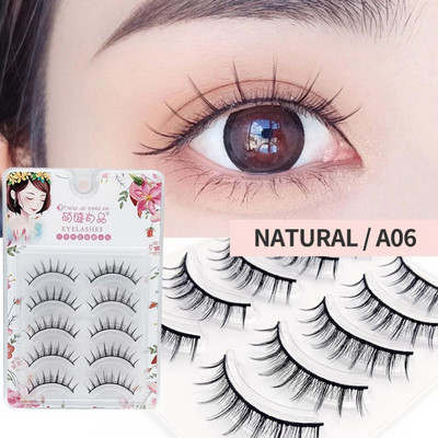 5 perechi de gene false din fibră chimică, gene false ascuțite, tijă transparentă, gene de machiaj în cruce naturală