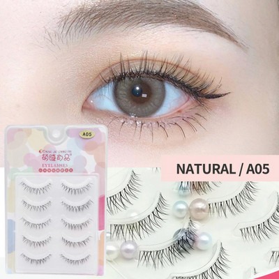 5 perechi de gene false din fibră chimică, gene false ascuțite, tijă transparentă, gene de machiaj în cruce naturală