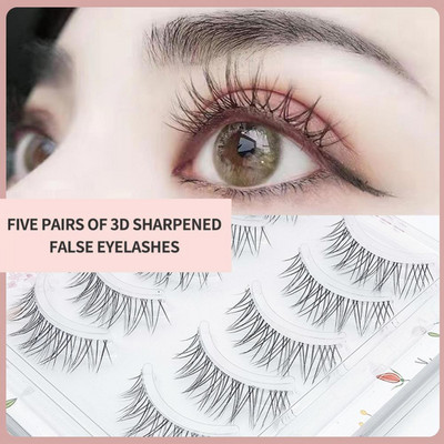 5 perechi de gene false din fibră chimică, gene false ascuțite, tijă transparentă, gene de machiaj în cruce naturală