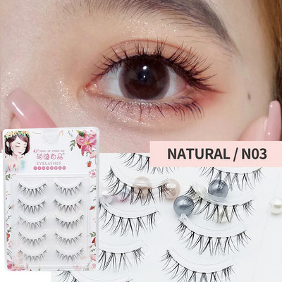 5 perechi de gene false din fibră chimică, gene false ascuțite, tijă transparentă, gene de machiaj în cruce naturală