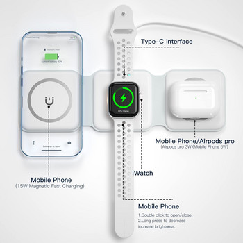 Αναδιπλούμενη 3 σε 1 ελαφριά μαγνητική βάση ασύρματου φορτιστή για iPhone 12 13 14 Pro Max Airpods Apple Watch 8 7 Σταθμός γρήγορης φόρτισης