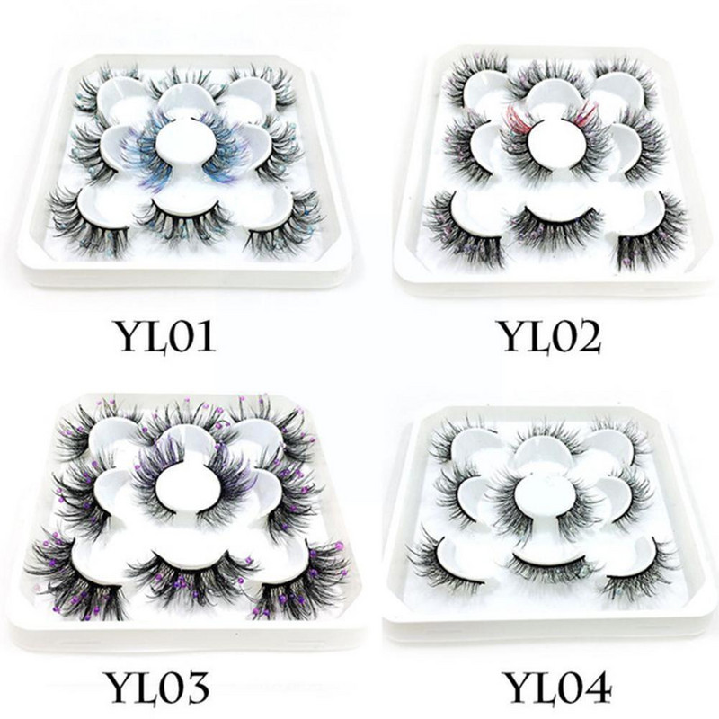 5 чифта фалшиви мигли Цветни розови лилави пухкави мигли от изкуствена норка 3D обем за грим Костюм Естествено котешко око Фалшиво око Las H9R4